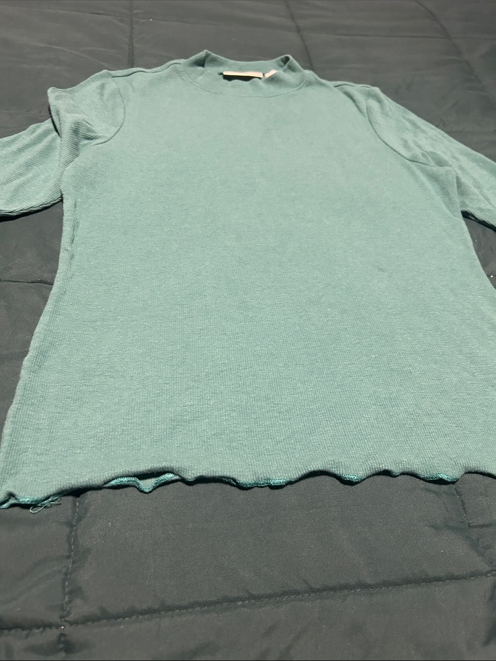 Christian Siriano Teal Mock Neck Ribbed Short Sleeve Top